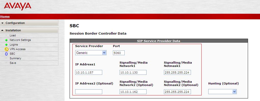 On the SBC screen, in the SIP Service Provider Data section fill in the fields as described below and shown in the following screen: For Service Provider, select the name of the service provider to