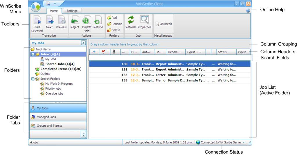 The WinScribe Client Control Panel This section describes the functions