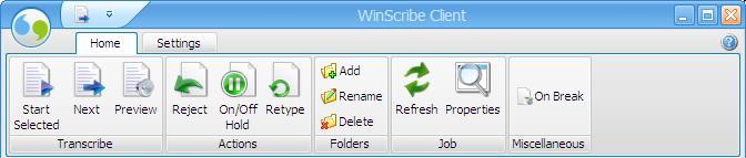 The Home Tab When WinScribe Client is first opened, the Home tab is displayed. Button Action Opens the job that is currently selected in the job list.
