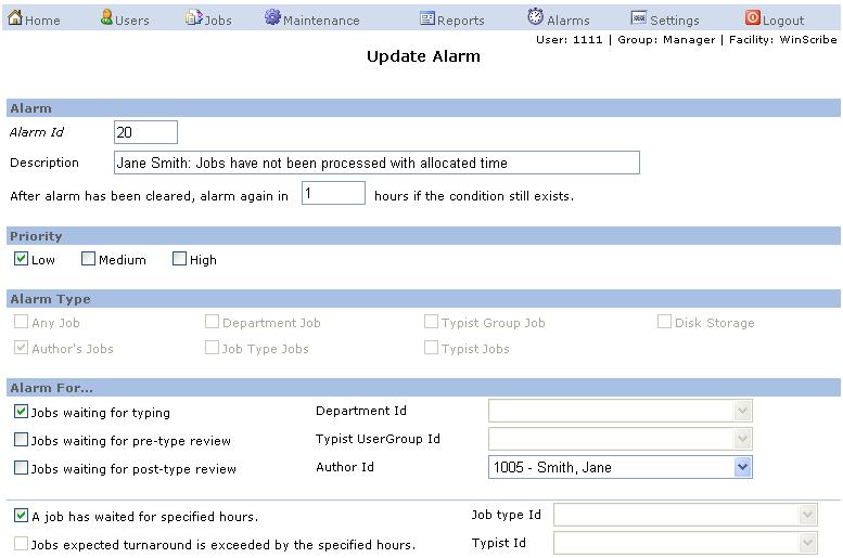 WinScribe Web Manager Guide 4. To delete one or more Alarm profiles select the alarm profiles you wish to delete by ticking the checkbox next to each, then click the Delete Selected Alarms button. 5.