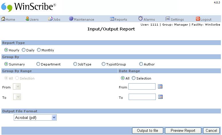 WinScribe Web Manager Guide 3. Select a Report Type option as follows: Select Hourly to group records into hours. This enables you to compare peak and quiet periods in the day.