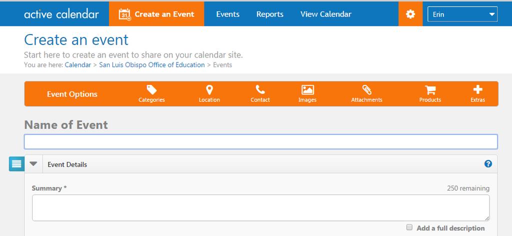 4) When you click on Create an Event, this screen will be displayed.