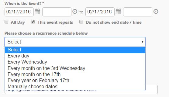 6) You can select if your event is repeating. 7) You can even select any specific dates if your event does not repeat in any sort of pattern (i.e. every first Tuesday of the month).