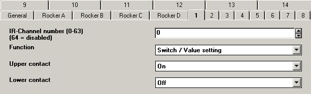 IR configuration 1 3 Configured for switch function: upper 8 bit value, lower 8 bit value IR-Channel number 0 This parameter defines which IR channel should be selected for the configured function to