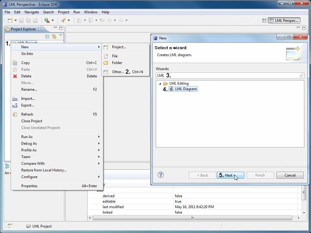 Figure 35: Creating a new empty project. To add the diagram file to the project, right-click on it in the Project Explorer (Figure 36, 1.) and select New Other... (2.) from the context menu.