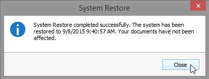 The operating system restores to the point before the IIS application was installed. This can take several minutes to complete. a. Logon to the computer if required. b. The System Restore window opens informing you that the System Restore completed successfully.