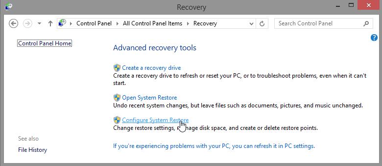 b. Select Configure System Restore in the Recovery window. c.