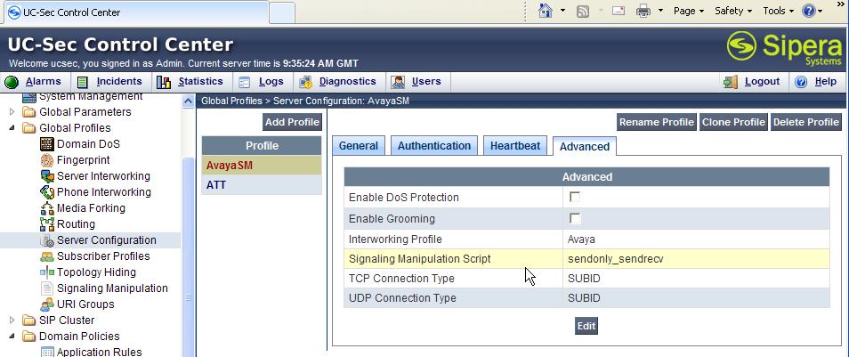 Select the AvayaSM profile created in [1], Section 8.4.5. 10. Select the Advanced tab, and click on Edit.