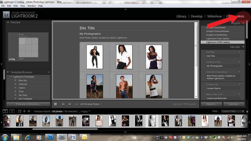 web page, previewing the web gallery in a browser, and specifying settings for uploading the gallery to a web server. Below: the web module in Lightroom. The Web module A. Type of web gallery B.