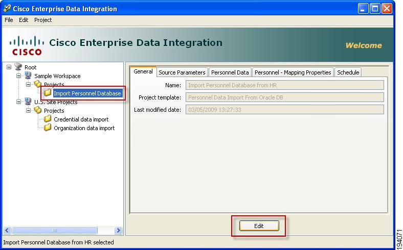 Chapter 12 Synchronizing Data Using Enterprise Data Integration (EDI) Figure 12-23 Editing EDI Projects Step 4 Upload the modified project to Cisco PAM: a.