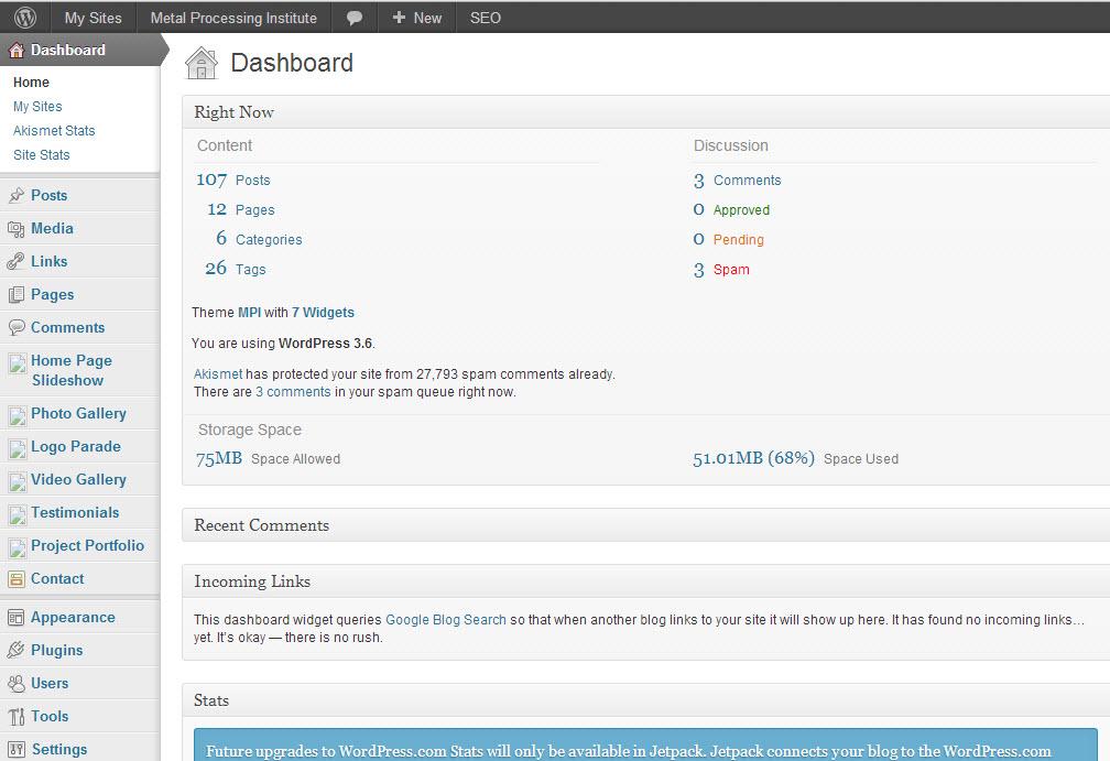 The WordPress Dashboard and Left-Hand Navigation Menu Upon logging in, the first screen that you will see is called the Dashboard screen. The Dashboard provides a quick overview of your web site.