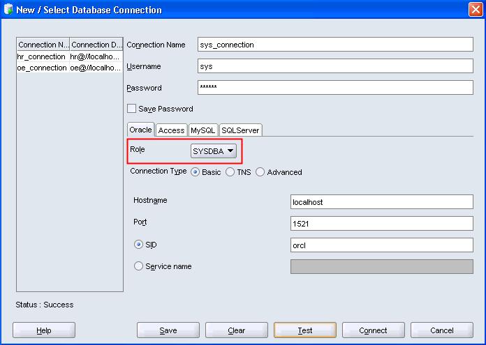 Practice Solutions 1-1: Introduction (continued) From the Role drop-down list, select SYSDBA as the role.