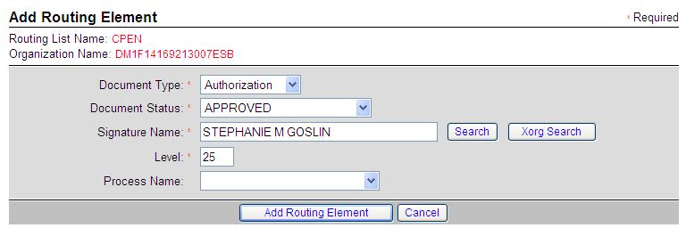 Click the Select tab next to the personnel s profile that you are adding into the routing list. Enter the Level number into the manual type in box.