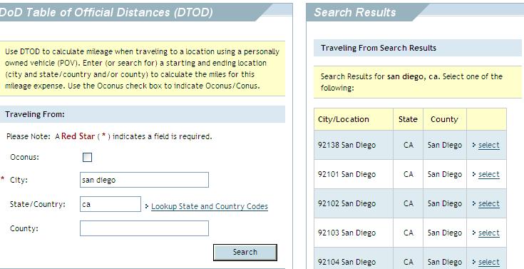 Click on the DoD Table of Distance hyperlink to calculate the mileage.