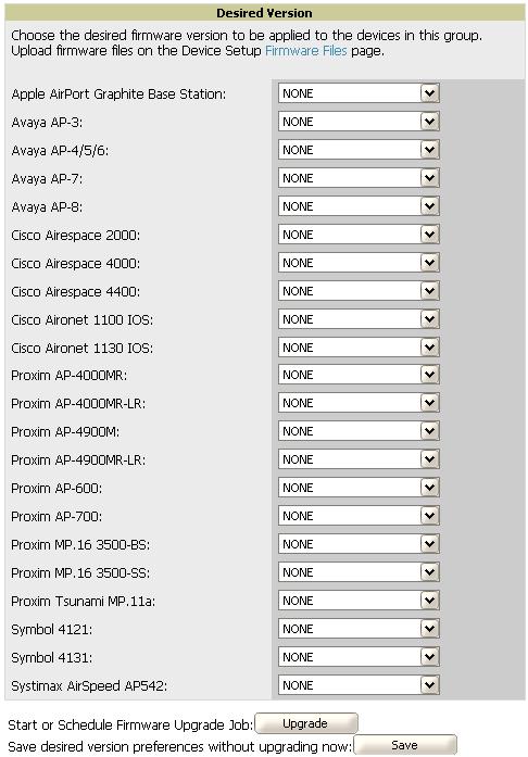Specifying Minimum Firmware Versions for APs in a Group (Optional) OV3600 allows you to define the minimum firmware version for each AP type in a group on the Groups Firmware page.