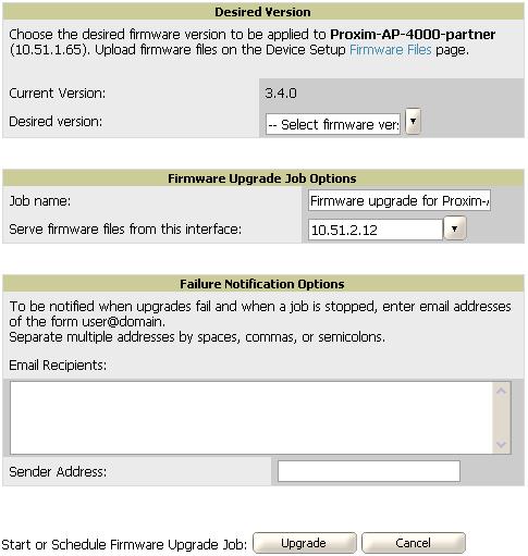 Figure 78. APs/Devices Manage Firmware Upgrades page Desired Version Drop down menu that specifies the firmware to be used in the upgrade.