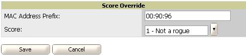 Rogue Score Override The RAPIDS Score Override page allows the user to override the score assigned to a MAC address prefix.