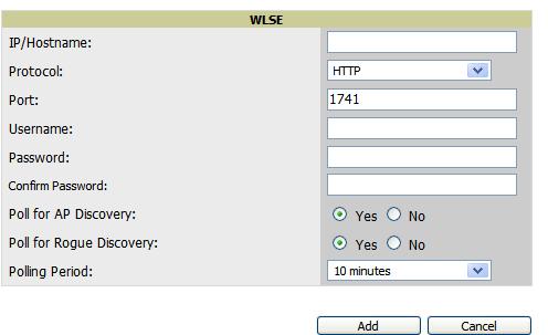 To add a WLSE server to OV3600 navigate to the OV3600 Setup WLSE page and click on the add button. Figure 14.