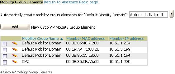 Figure 42. Groups Airespace Radio Settings page Mobility Group Name Member MAC address Default Mobility Domain The name of the Mobility Group containing the controller.