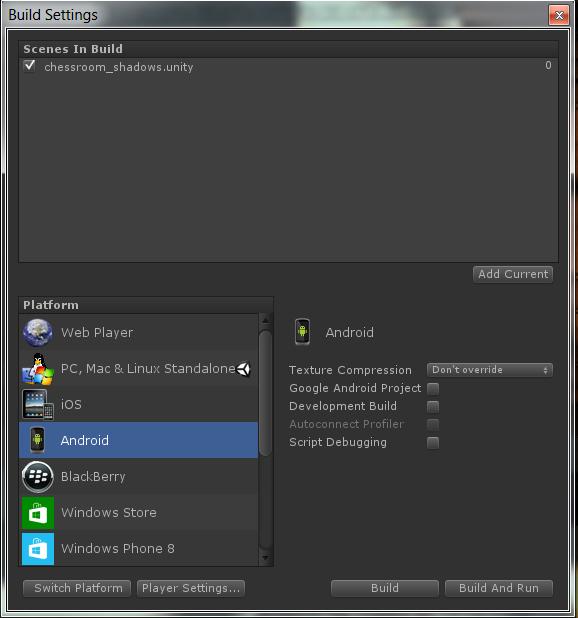 Figure 3. Build settings. Note that Developer Mode must be previously enabled in the device and the device must be properly detected when connected to the USB port.