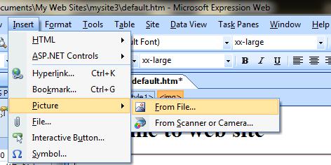 LESSON 5:- MS Expression Web -Insert pictures: 1. Open the menu "Insert 2. Select picture. 3. Choose option from file. 4. Select your picture, and click Insert.