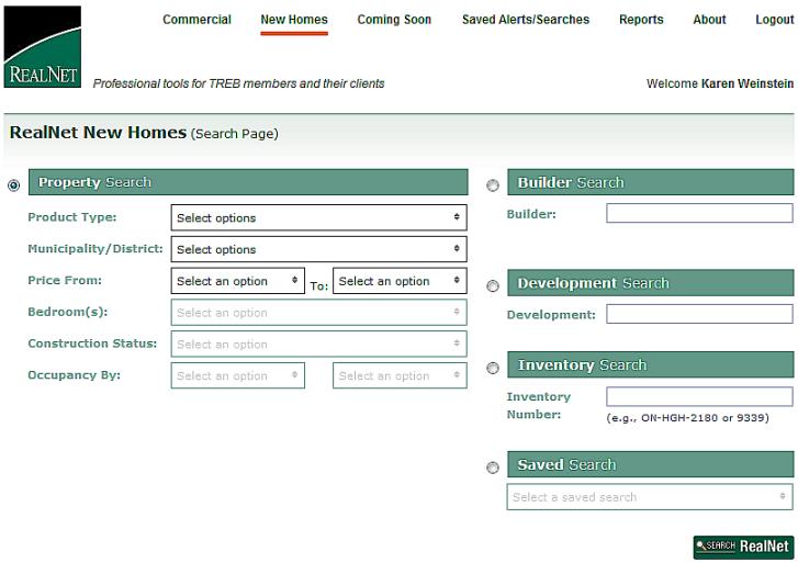 Saved Search RealNet New Homes Search Page To conduct an Saved Search: 1. Click the radio button beside Saved Search. 2.