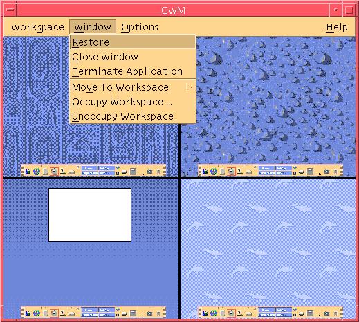 Figure 3 3 Window Menu 4 Restore Restores an iconized window to full-size proportion. 4 Close Window Click on the window you want to close.
