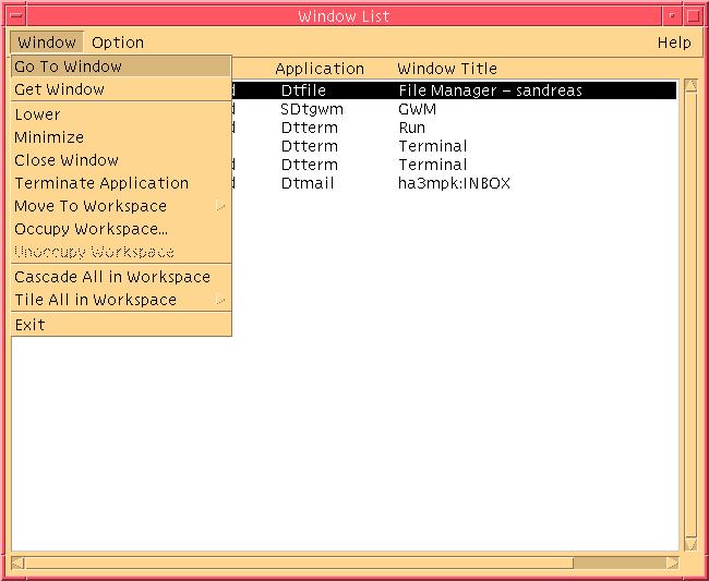 Figure 3 5 Window List GUI Tasks 4 Go To Window Transfers you to the workspace that you have selected. 4 Get Window Moves the window you have selected to the current workspace.