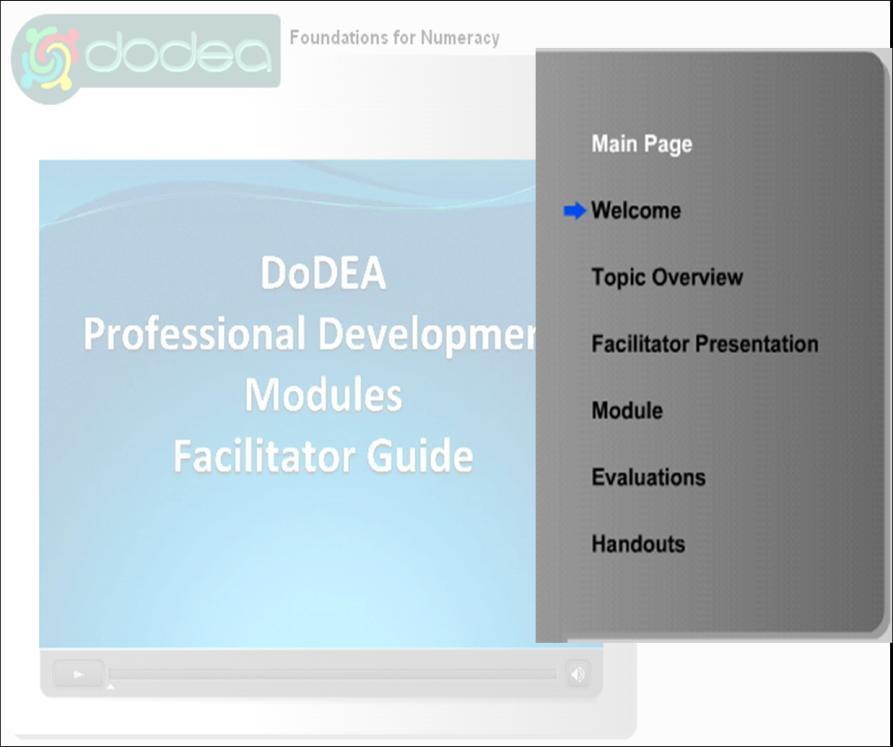 The Main Page will take you back to the first page. A Welcome video introduces you to the modules from which the Facilitator Guides were developed.