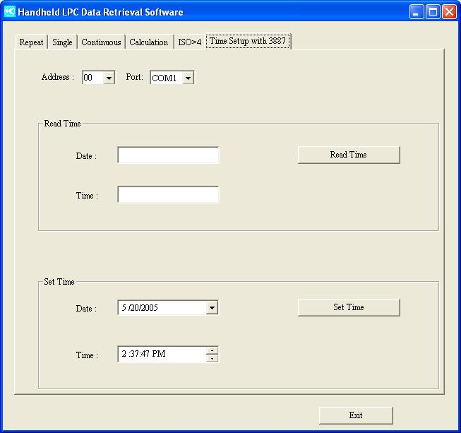 3.5 Setting Time/Date of the Handheld LPC Click the Time Setup with 3887 tab to display the following dialog box.