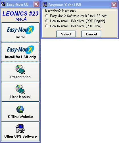 Installing USB driver and Easy-Mon X for LEONICS UPS 1. Installing and uninstalling the USB driver A. Installing the USB driver 1.