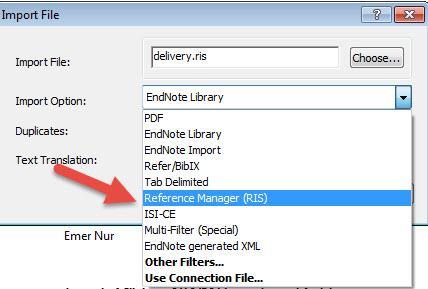 Select the Import Option and click on Reference Manager (RIS). Click on Choose to select the file you just saved and click on Open.