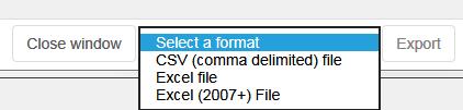 5. To download the results, choose the file format from the menu at the bottom of the results window and Export.