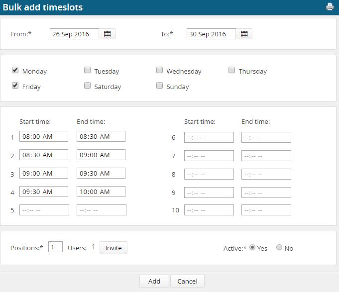 3. Bulk timeslots lets you add multiple instances of the same day and time over a span of