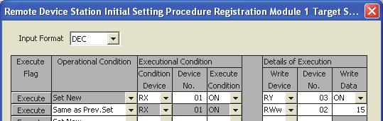 7 PARAMETER SETTINGS "Remote Device Station Initial Setting Procedure Registration" window Item Description Setting range Input Format Select the input format of "Write Data".