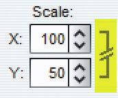 Scale Use the arrows or type in the values to scale an object horizontally (X) or vertically (Y). By default, an object scales proportionally. Click the connecting line to unlock proportion. 5.