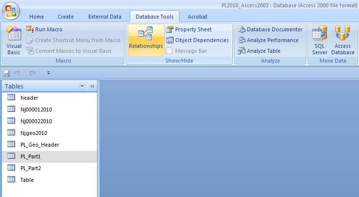 Joining the Data A.) Once all three tables have been imported, click on the Database Tools menu and select the Relationships tool. B.