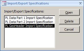 ) In the Import/Export Specifications window that opens, select the appropriate