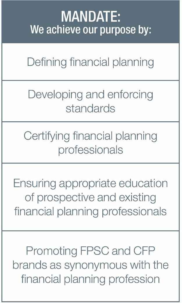 As a professional standards-setting and certification body working in the public interest, FPSC s purpose is to drive value and instill confidence in financial planning, in Canada.