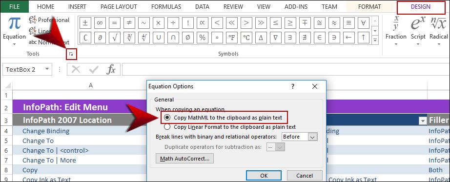 Import equations based on settings When importing Excel files that contain equations, you can select this option to convert them to MathML (the web standard) or images.