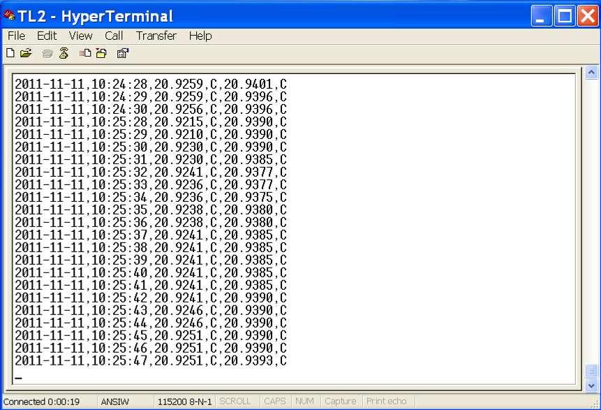 The Hyperterminal display should be as follows: The TL2-A will output the temperature for both channels. There are 3 columns in the interface display. The first column is a date and timestamp.