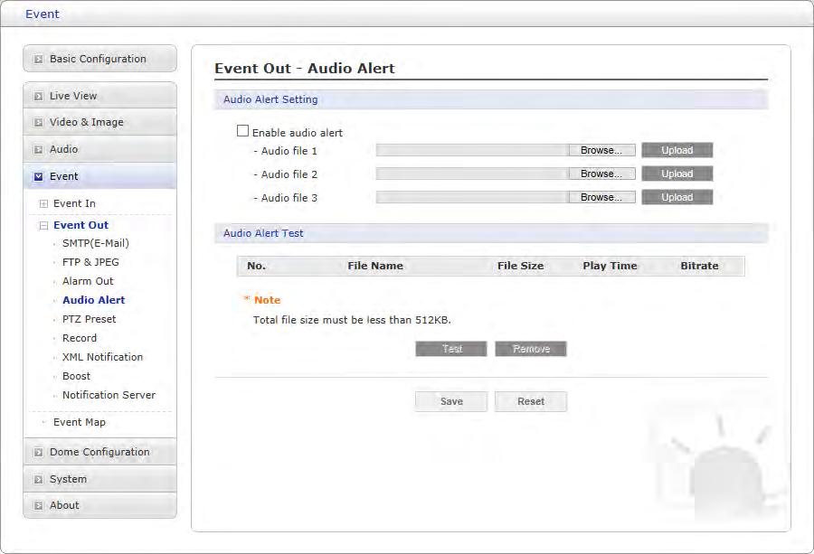 Audio Alert When the network camera detects an event, it can output a predefined audio data to external speaker. Check the Enable audio alert box to enable the service.