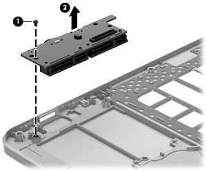 3. Remove the solid-state drive connector board (2). Reverse this procedure to install the solid-state drive connector board.