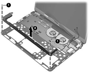 3. Remove the two Phillips PM2.0 3.8 screws (1) that secure the speakers to the base enclosure. 4. Remove the speakers (2). RTC battery Reverse this procedure to install the speakers.