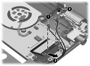 3. Remove the wireless audio module by pulling the module away from the slot at an angle (3).