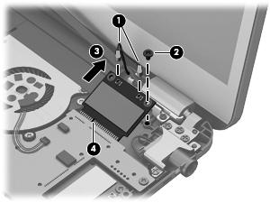 3. Remove the WLAN module by pulling the module away from the slot at an angle (3). NOTE: The WLAN module is designed with a notch (4) to prevent incorrect installation into the WLAN module slot.