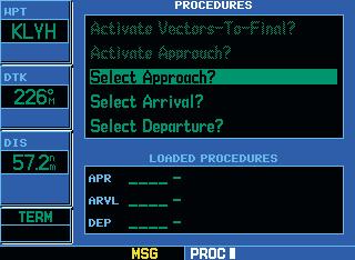 Approaches Selecting Approaches In order to select an approach, you must first have an active direct-to or flight plan which terminates at an airport with a published approach. 1.