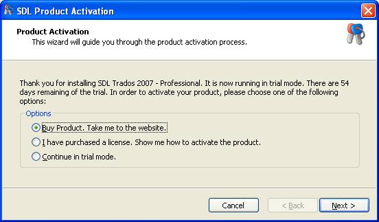 4 Installing SDL Trados 2007 Suite - Freelance 37 When the activation utility has been installed the SDL Product Activation wizard is displayed. 38 hoose an option and click Next.
