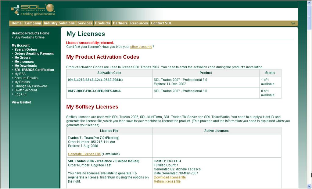 Downloading SDL Trados 2007 License Files and Product Activation odes 2 3 lick the My License link to display the My Licenses page. These are product activation codes.