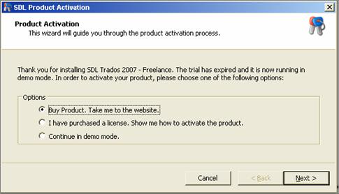 2 About Activating SDL Trados 2007 Products The SDL Product Activation wizard contains options to perform the following actions: Activate the product online.